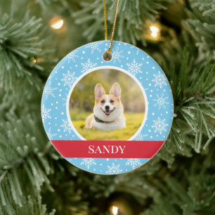 Blauwe sneeuwvlok hond keramisch ornament