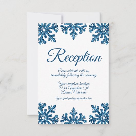 Blauwe Sneeuwvlok Winter Bruiloftsreceptie Kaart (Voorkant)