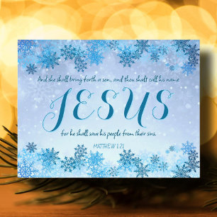Blauwe Sneeuwvlokken Jesus Bijbelvers Kerst Feestdagenkaart