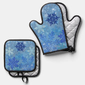Blauwe Sneeuwvlokken Oven Mitt & Pot Houder Set (Voorkant / Achterkant)