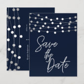 Blauwe snoerlichtjes Modern script save the date Aankondigingskaart (Voorkant / Achterkant)
