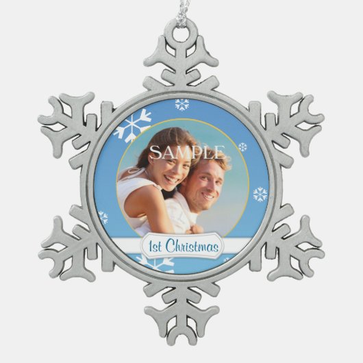 Blauwe Snowflake Eerste Kerstmis Sjabloon Tin Sneeuwvlok Ornament (Voorkant)