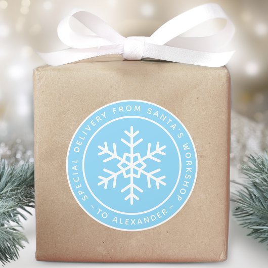 Blauwe speciale bezorging van de Kerstman aan Naam Ronde Sticker