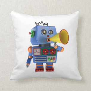 Blauwe speelgoed robot met bullhorn kussen