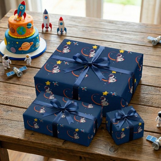 Blauwe speelse buitenaardse astronaut Rocket verja Cadeaupapier