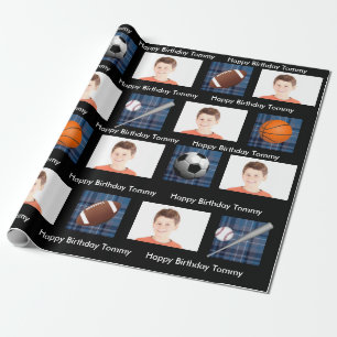 Blauwe speldensport en sport met foto van Birthday Cadeaupapier