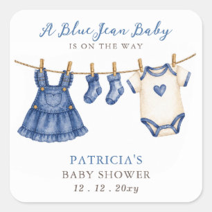 Blauwe Spijkerbaby Is Op Komst Meisje Baby Borrel Vierkante Sticker
