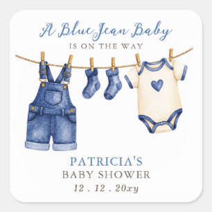 Blauwe Spijkerbaby Is Op Weg Jongens Baby Shower Vierkante Sticker
