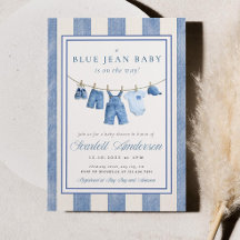 Blauwe spijkerbaby shower uitnodiging, denim baby