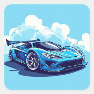 Blauwe sportauto onder heldere lucht vierkante sticker