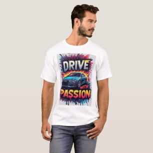 Blauwe sportauto rijden met passie kunst t-shirt