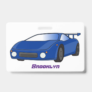 Blauwe sportwagen met afbeelding van luchtfolie badge