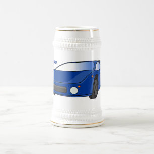 Blauwe sportwagen met afbeelding van luchtfolie bierpul