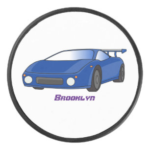 Blauwe sportwagen met afbeelding van luchtfolie hockey puck