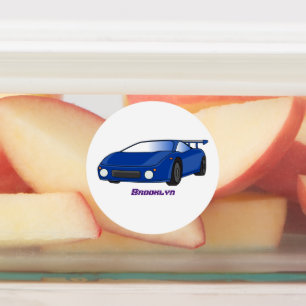 Blauwe sportwagen met afbeelding van luchtfolie labels