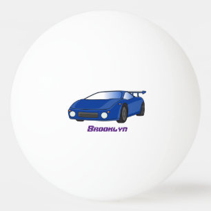 Blauwe sportwagen met afbeelding van luchtfolie pingpongballen