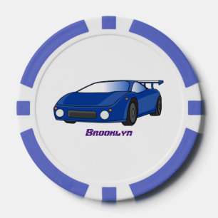Blauwe sportwagen met afbeelding van luchtfolie poker chips
