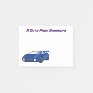 Blauwe sportwagen met afbeelding van luchtfolie post-it® notes