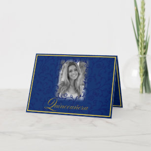 Blauwe staartwijnstokken met foto-quinceanera kaart