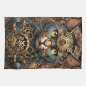 blauwe steampunk kat AI kunst keukenhanddoek (Horizontaal)