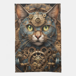 blauwe steampunk kat AI kunst keukenhanddoek