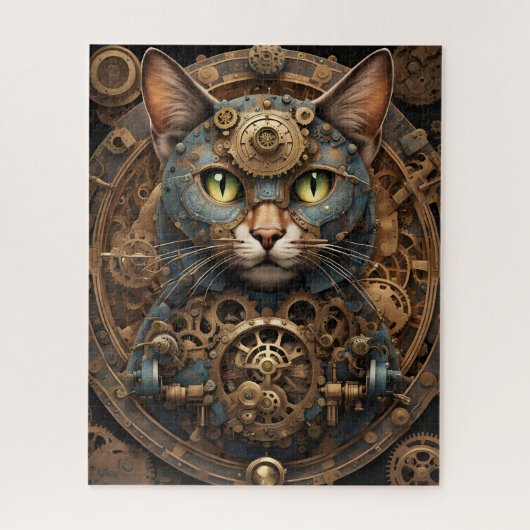 blauwe steampunk kat AI kunst puzzel (Verticaal)
