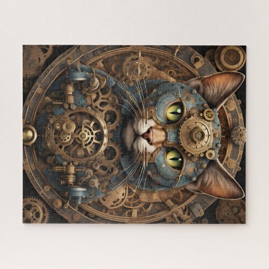 blauwe steampunk kat AI kunst puzzel Legpuzzel (Horizontaal)