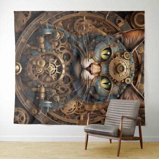 blauwe steampunk kat AI kunst Tapestry Wandkleed (In Situ (horizontaal))