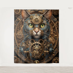 blauwe steampunk kat AI kunst Tapestry Wandkleed