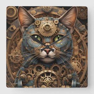 blauwe steampunk kat AI kunst Vierkante Wandklok Vierkante Klok