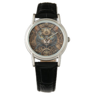 blauwe steampunk kat AI kunst vrouwen horloge