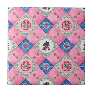 Blauwe Sterrozet en Roze Quatrefoil Tegeltje