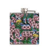 Blauwe stietvogels in de bloeiende kersenboom op b heupfles (Achterkant)