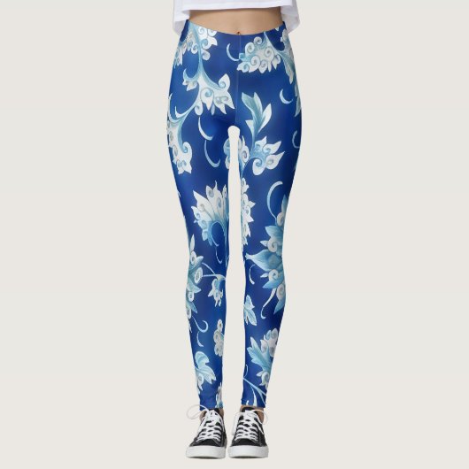 Blauwe  stijl Floral Art Leggings (Voorkant)