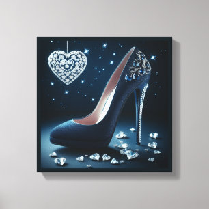 Blauwe stiletto's met hartvormige diamanten canvas afdruk