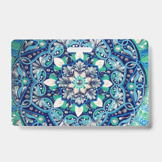 Blauwe stipkunst mandala drievoudig mapje badge