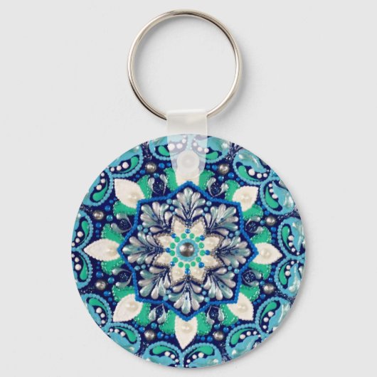 Blauwe stipkunst mandala drievoudig mapje sleutelhanger (Voorkant)
