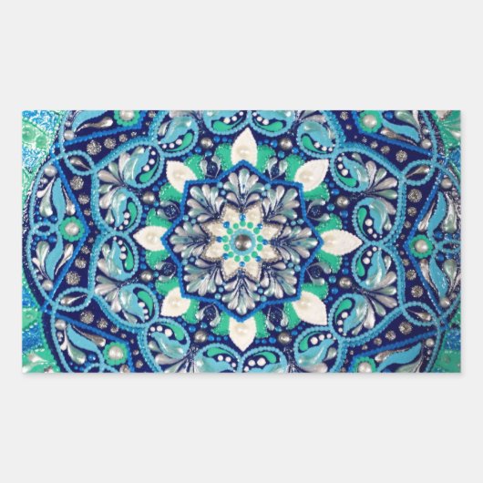 Blauwe stipkunst mandala rechthoekige sticker (Voorkant)