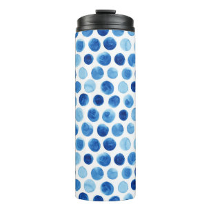 Blauwe stippen, waterverf naadloos patroon. thermosbeker