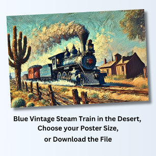Blauwe stoomtrein in de woestijn, spoorweg poster