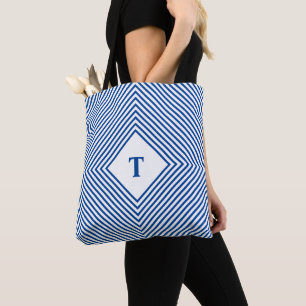 Blauwe Stralende Ruiten met Centraal Monogram Draagtas