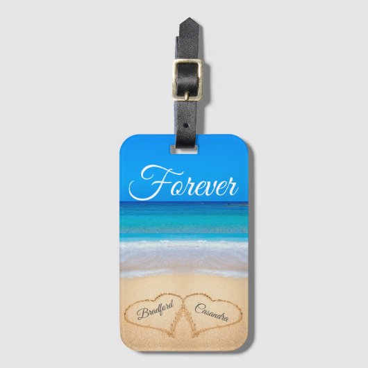 Blauwe strand bruiloft harten zand forever naar bagagelabel (Voorkant (verticaal))