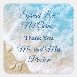 Blauwe strandgolven verspreiden liefde hand ontsme vierkante sticker