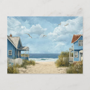 Blauwe Strandhutten Kustkunst Ansichtkaart Briefkaart