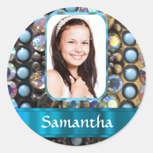 Blauwe strass foto achtergrond ronde sticker
