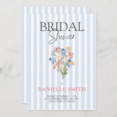Blauwe Streep en Bloemen Bruidsdouche Uitnodiging (Voorkant / Achterkant)