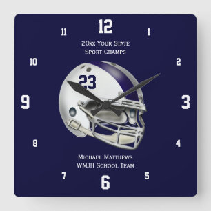 Blauwe streep wit Football Helm Name Clock Vierkante Klok
