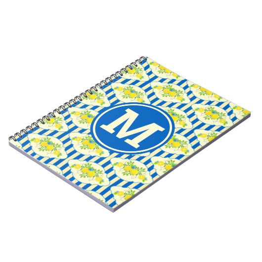 Blauwe streepjes en leemons en bladspatroon notitieboek (Linkerzijde)