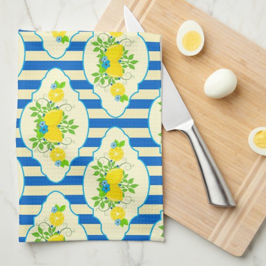 Blauwe streepjes en leemons en bladspatroon theedoek (Quarter Fold)