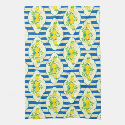 Blauwe streepjes en leemons en bladspatroon theedoek (Verticaal)